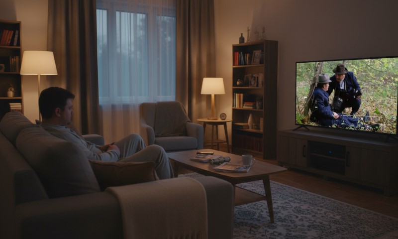 Čovek gleda "Balkanski špijun" film na TV-u u dnevnoj sobi